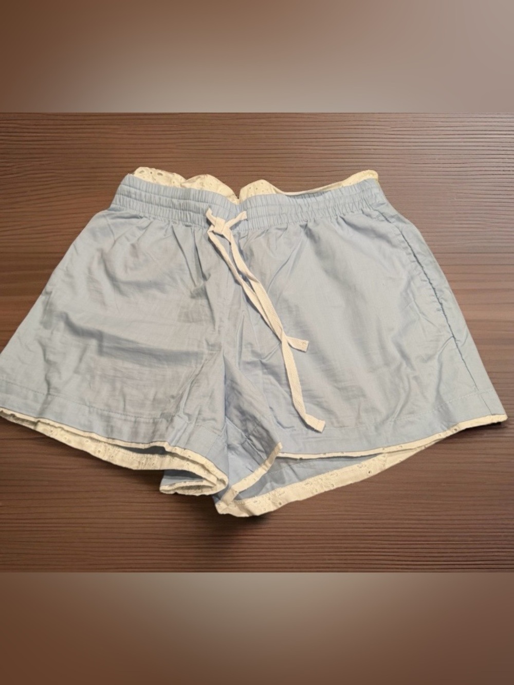 Light Blue Women's Drawstring Sleep Shorts with Cream Lace Trim